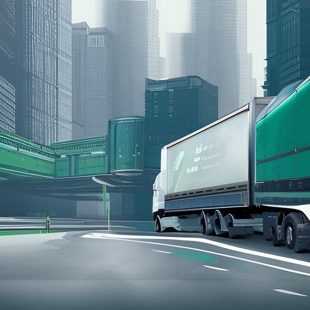 a green semi truck driving down a city street