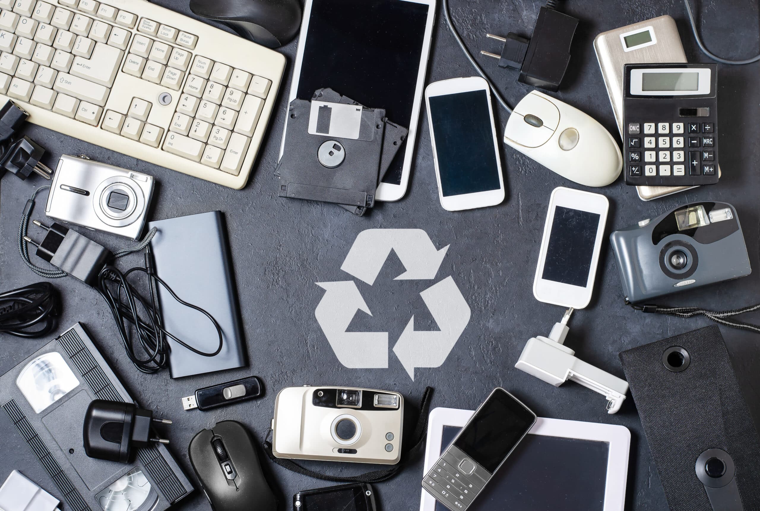 a table topped with lots of electronics and gadgets