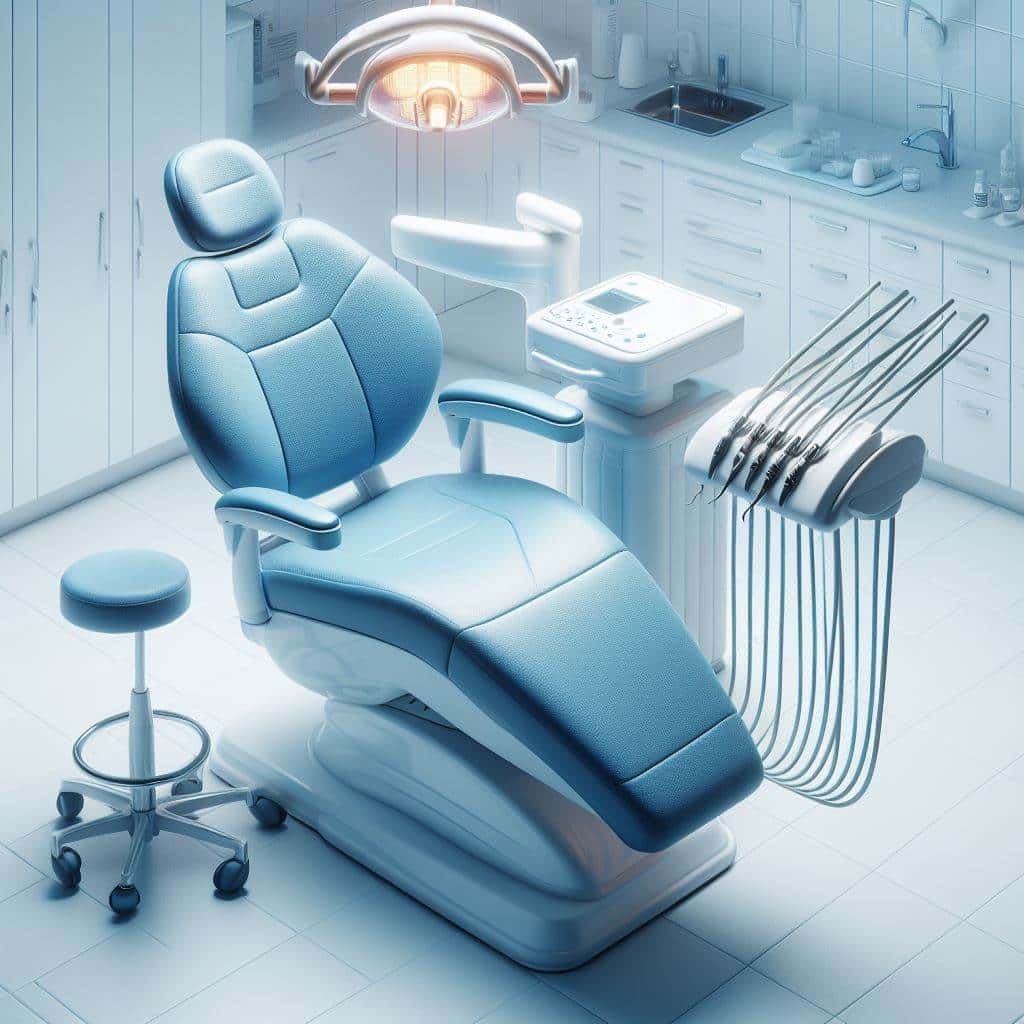 a dentist chair with dental equipment in the background