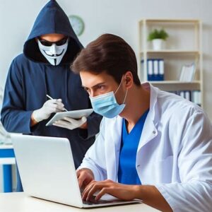 dentist working on a hacked laptop 