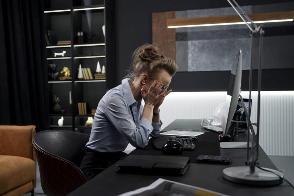 a woman sitting at a desk in front of a computer