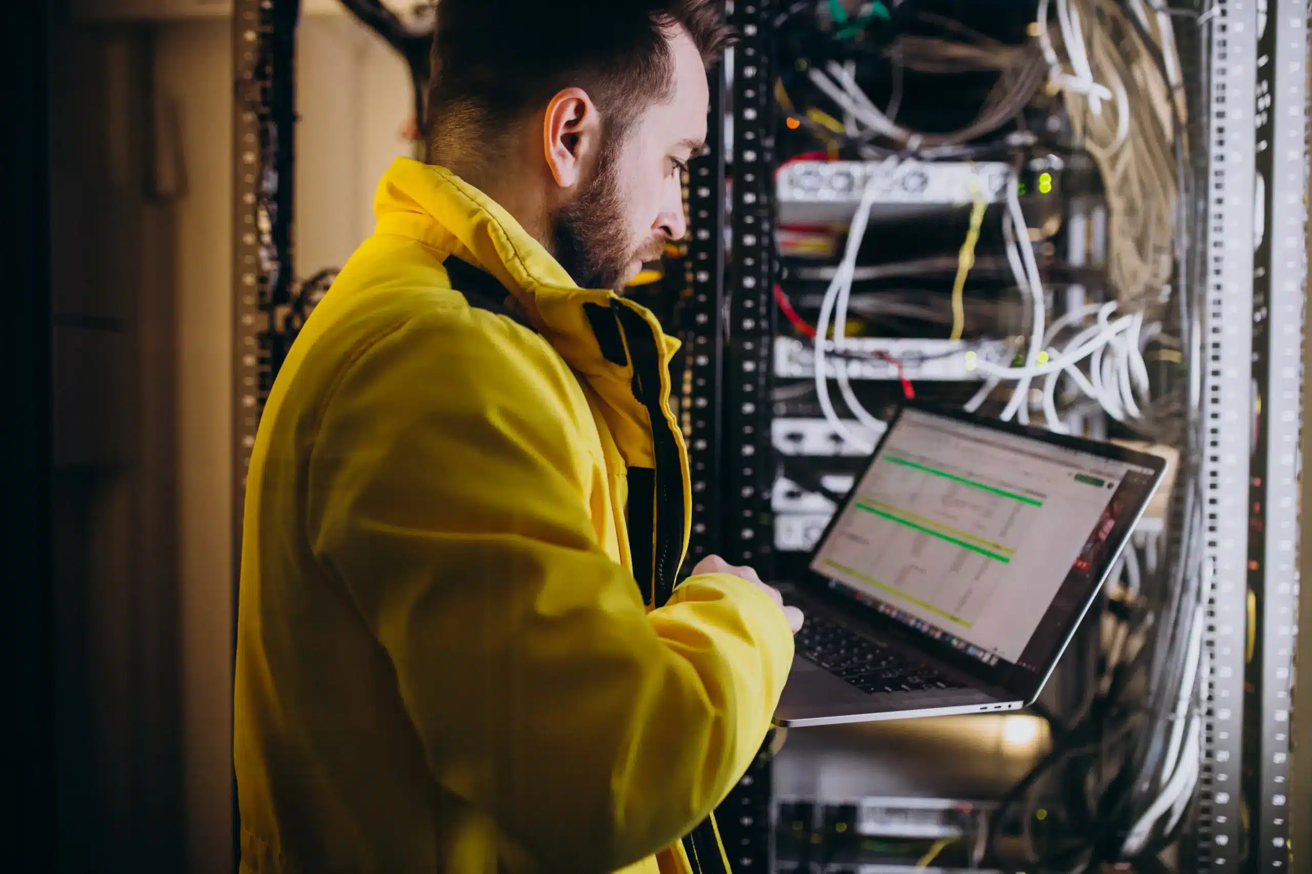 a man standing in front of a server holding a laptop