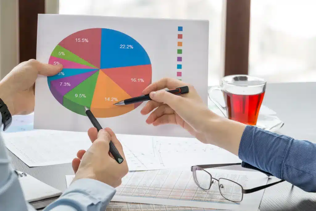 two people sitting at a table working on a pie chart